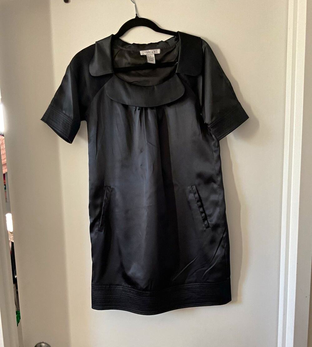 Vertigo Paris Black Satin Cowl Neck Shift Dress Pleated Short Sleeve Short S